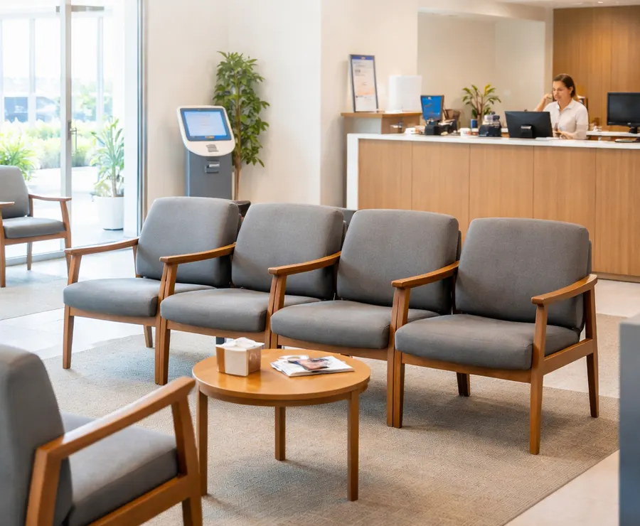 Empty waiting room chairs at a clinic